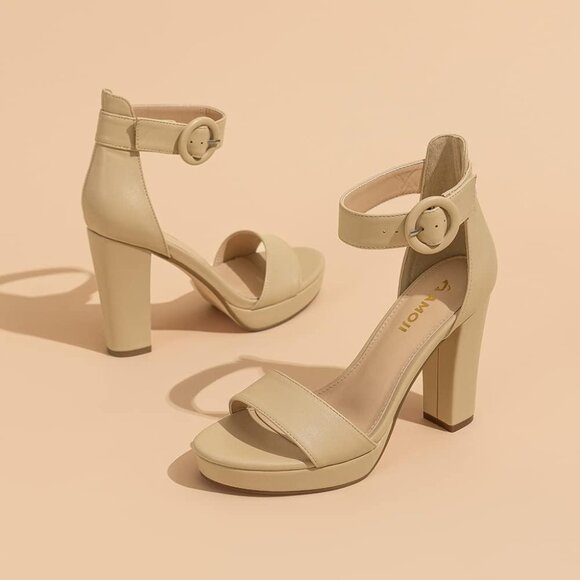 Amoji Women Pu-nude Faux Suede Open Toe High Heel Chunky Platform Sandals - Picture 6 of 8